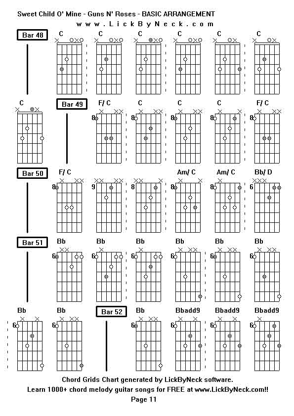 Chord Grids Chart of chord melody fingerstyle guitar song-Sweet Child O' Mine - Guns N' Roses - BASIC ARRANGEMENT,generated by LickByNeck software.